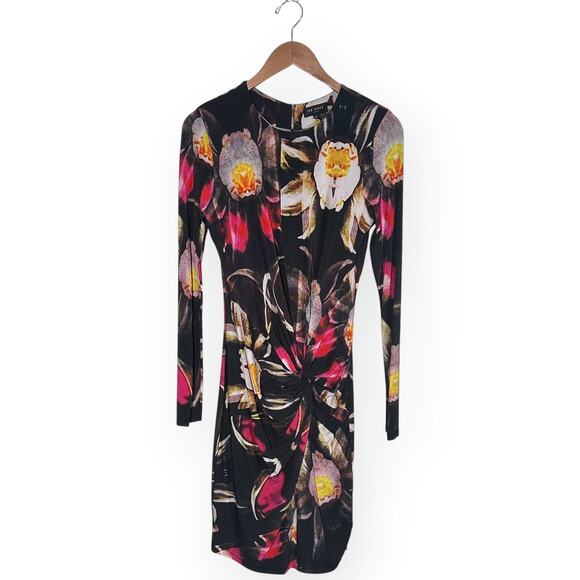 TED BAKER Long Sleeve Sheath Dress Twisted Knot Ruched Floral Cocktail Office - Picture 9 of 12